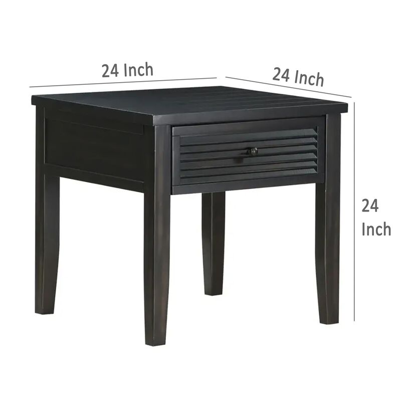 Coni Side End Table, 1 Drawer, Classic Black Wood, Square 24 Inch - Benzara