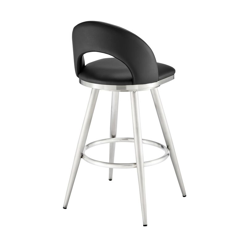 Visy 30 Inch Swivel Barstool Chair, Round Open Back, Black Faux Leather - Benzara