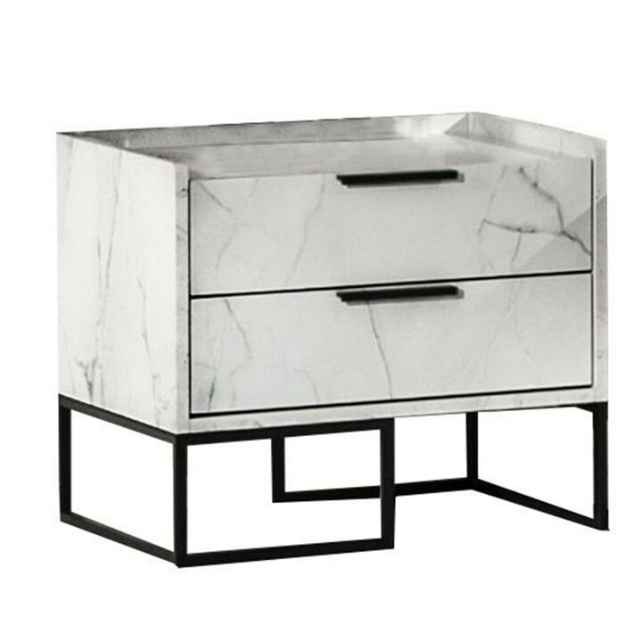 Noe Paul 24 Inch Wood Nightstand, 2 Drawers, Faux White Marble, Metal Legs-Benzara
