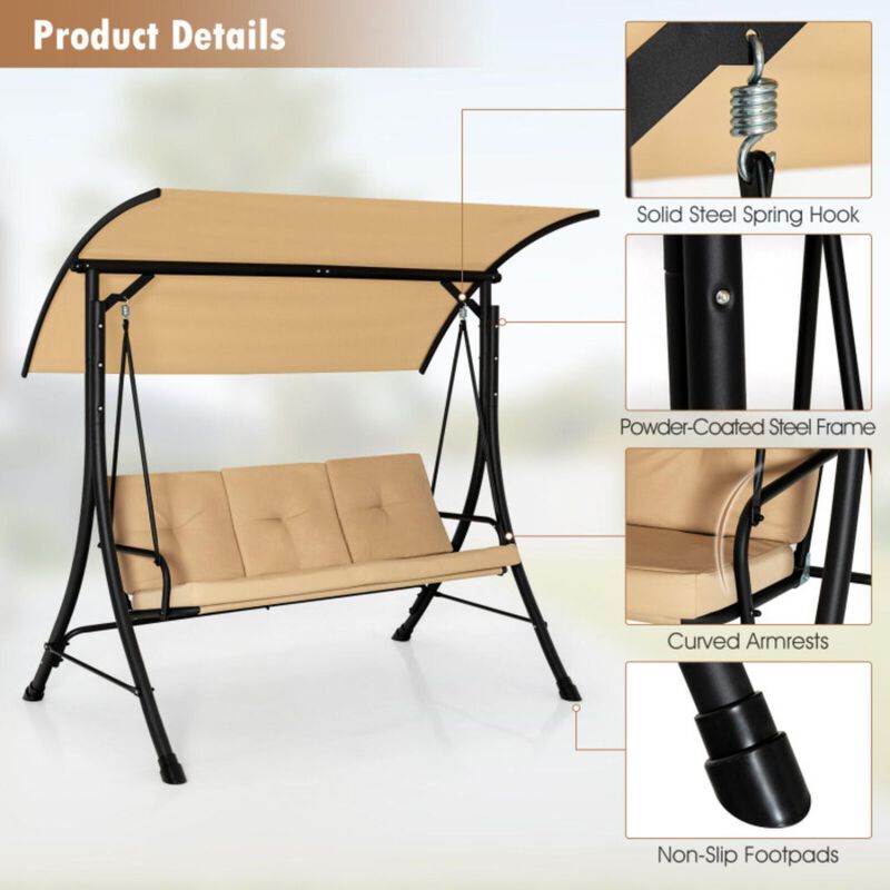 Hivvago 3-Seat Outdoor Porch Swing with Adjustable Canopy and Padded Cushions