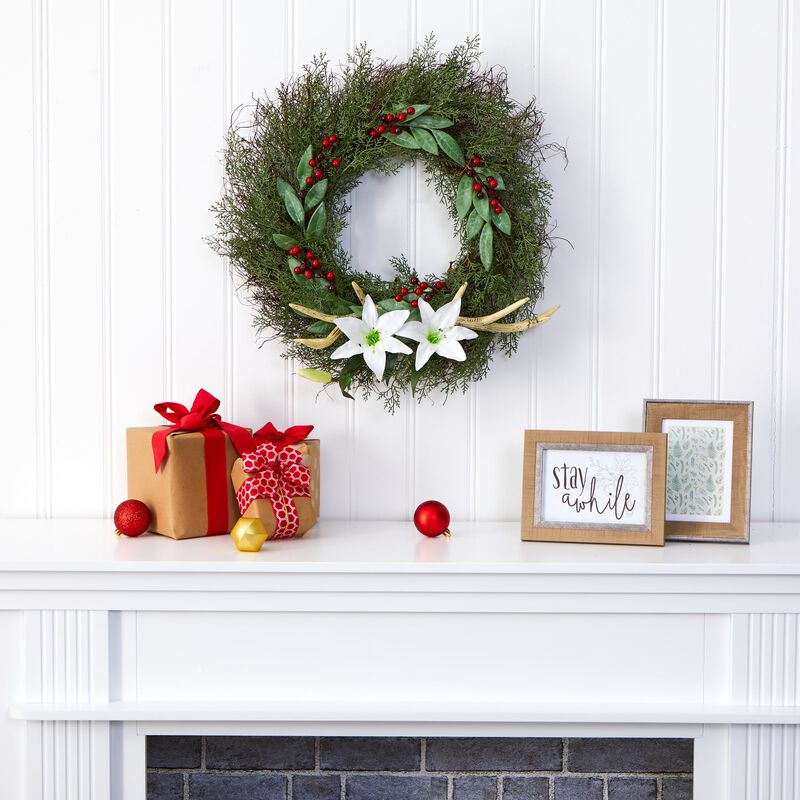 Hivvago 20" Cedar, Antlers, Lily and Ruscus with Berries Artificial Wreath