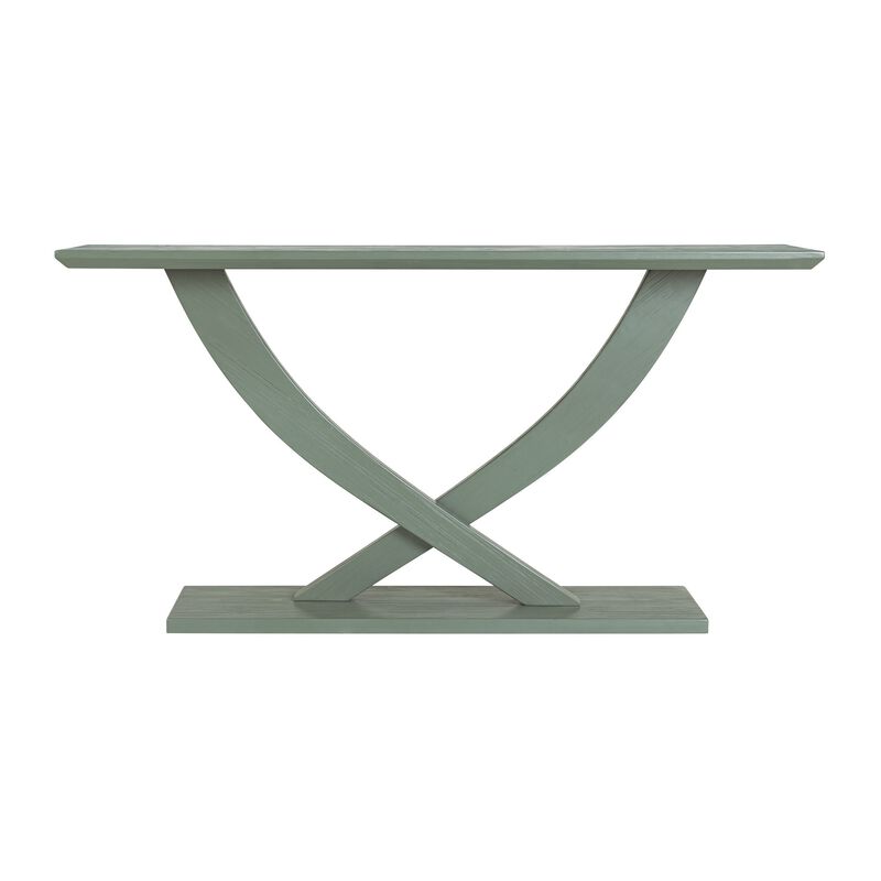 Rase 57 Inch Console Table, Cross Leg Design, Pedestal Base, Gray Green - Benzara