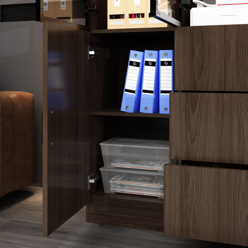 Brown Wood 63 in. W Display Cabinet With Pop up Tempered Glass Doors, 3-Color LED Lights, Drawers, Adjustable Shelves