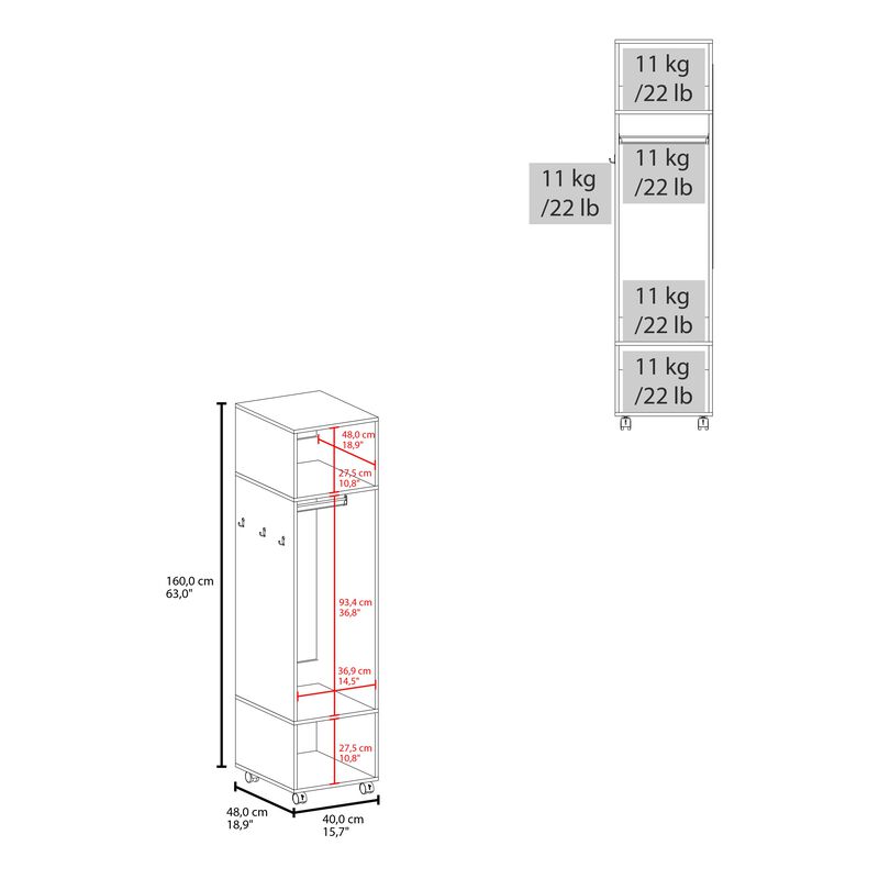 Cordova Armoire 63"H, with 3 Shelves, 1 Mirror, and 4 Wheels, White