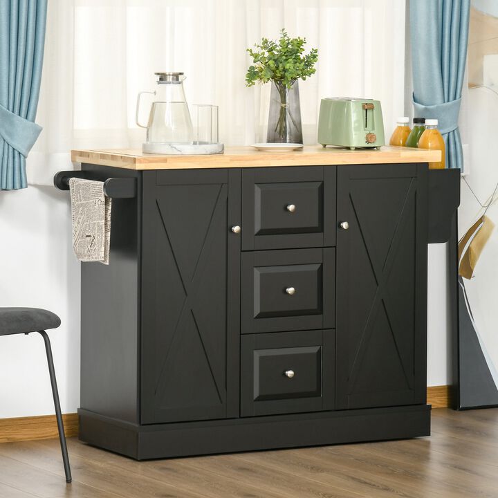 Black Farmhouse Kitchen Aid: Mobile Island with Barn Doors & Drawers
