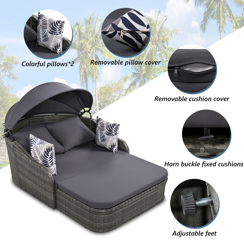 79.9" Outdoor Sunbed With Adjustable Canopy, Double Lounge, PE Rattan Daybed, Wicker