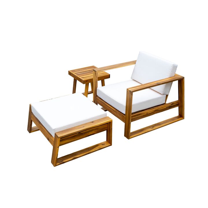 Mondawe Outdoor 3-Piece Acacia Wood Lounge Set,W/ Ottoman Chair & Side Table Patio Garden Furniture