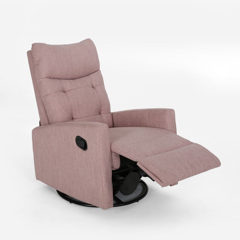 Push Back Glider Recliner Chair with Swivel, Blush Pink Tufted Fabric -Benzara