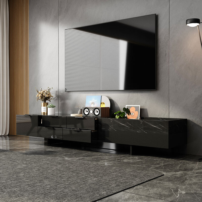 FUFU&GAGA Modern High-Gloss Black TV Stand with Marble Texture, 5 Drawers and Open Storage Compartment (78.7" W x 15.7" D x 14" H),Black