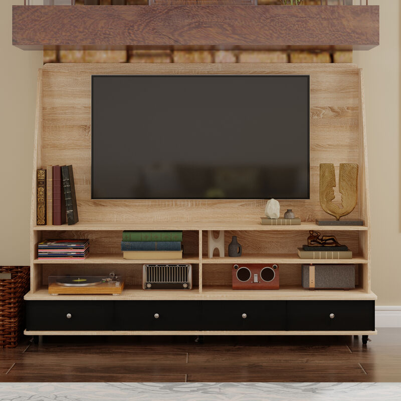 FUFU&GAGA Modern TV Stand with Storage and TV Mount, P2 MDF, with Black Drawers and Casters (70.1" W x 54.7" H x 15.7" D), Oak and Black