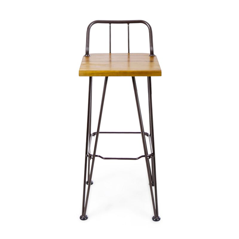 Rih Barstool Low Back Chair Set of 2, Black Metal, Brown Acacia Wood - Benzara