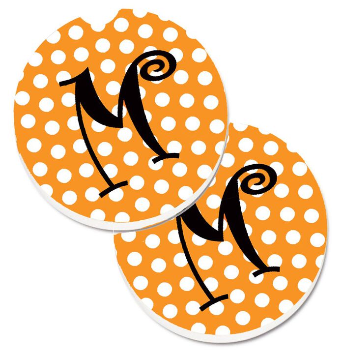 Caroline's Treasures Monogram Initial M Orange Polkadots Set of 2 Cup Holder Car Coasters CJ1033-MCARC, 2.56, Multicolor