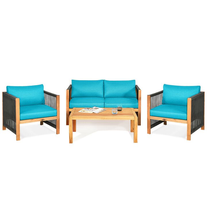 4 Pieces Acacia Wood Sofa Set with Cushions for Outdoor Patio-Blue