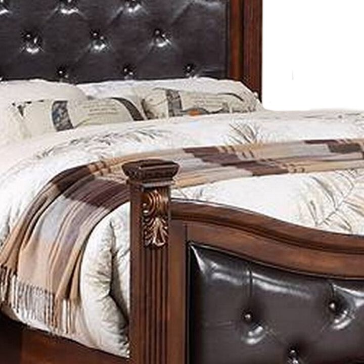Jax Traditional King Size Bed, Tufted Upholstered Headboard, Cherry Brown - Benzara