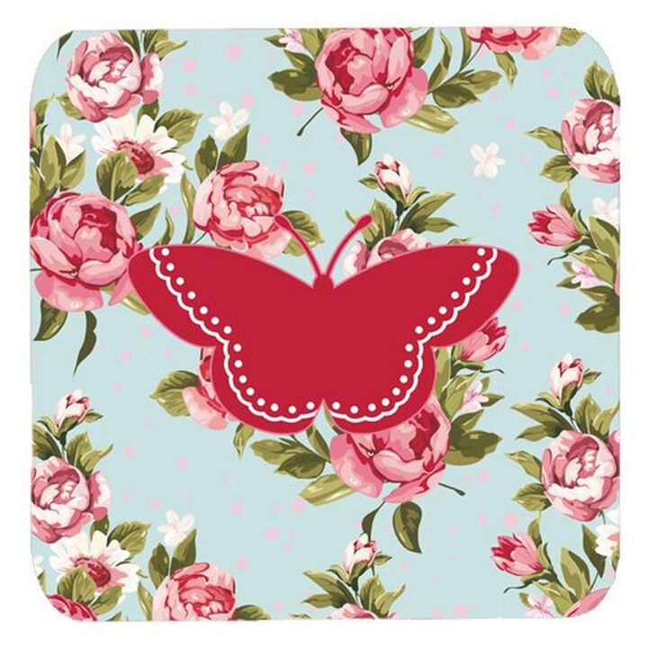 Caroline's Treasures BB1032-RS-BU-FC Butterfly Shabby Chic Blue Roses Foam Coasters (Set of 4), 3.5 H x 3.5 W, Multicolor