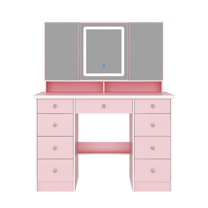 FUFU&GAGA 43.3" Pink Makeup Vanity with LED Mirror, 9 Drawers and Adjustable Storage (43.3" W x 53.9" H x 19.7" D),Pink