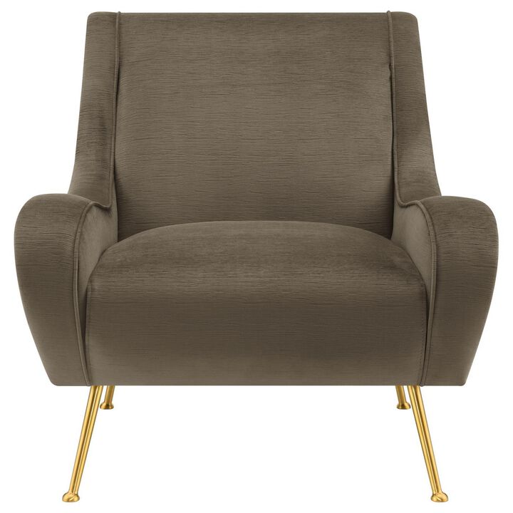 Rik 31 Inch Accent Armchair, Metal Legs, Velvet, Truffle Brown and Gold - Benzara