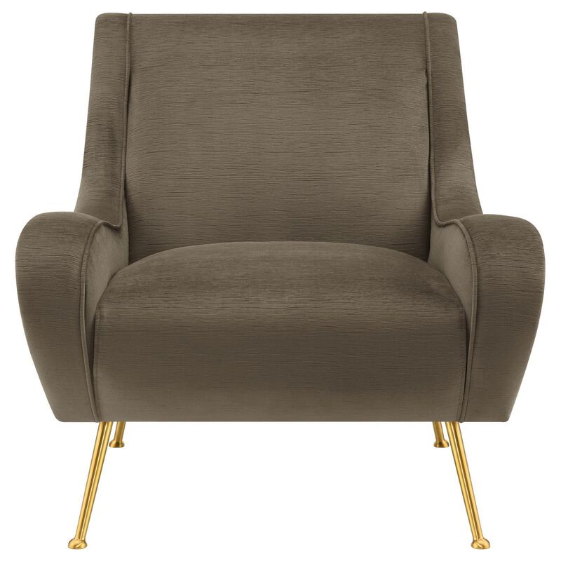 Rik 31 Inch Accent Armchair, Metal Legs, Velvet, Truffle Brown and Gold - Benzara