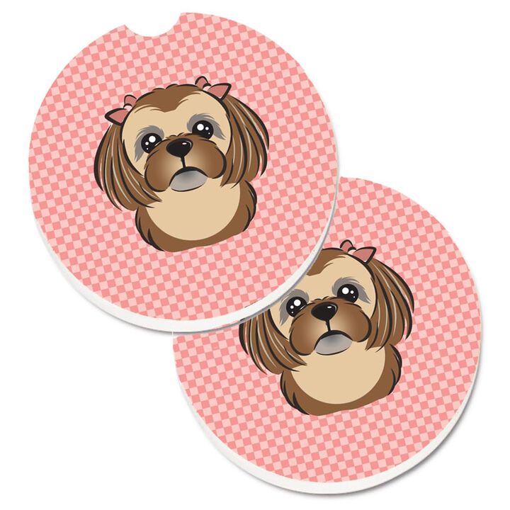 Caroline's Treasures Checkerboard Pink Chocolate Brown Shih Tzu Set of 2 Cup Holder Car Coasters BB1249CARC, 2.56, Multicolor