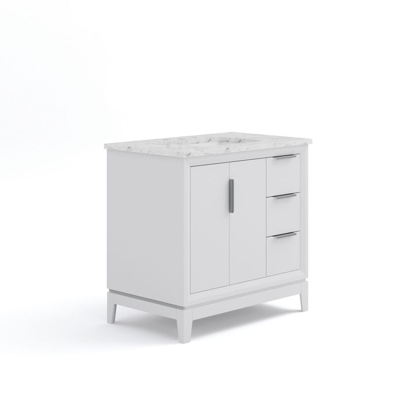 Elizabeth 36 In. Single Sink Carrara White Marble Countertop Bath Vanity In Pure White with Brushed Silver Hardware