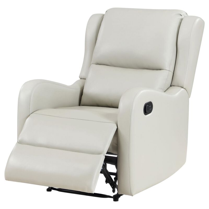 Mayra Manual Recliner Chair, English Arms, Plush Ivory Faux Leather - Benzara