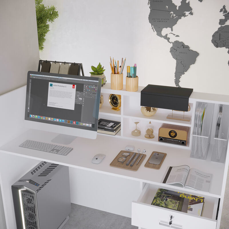 Rectangular White Wooden Computer Desk, Writing Desk with Drawer, 4-Tiler Adjustable Shelves, 55.1 in. W-23.6 in.D