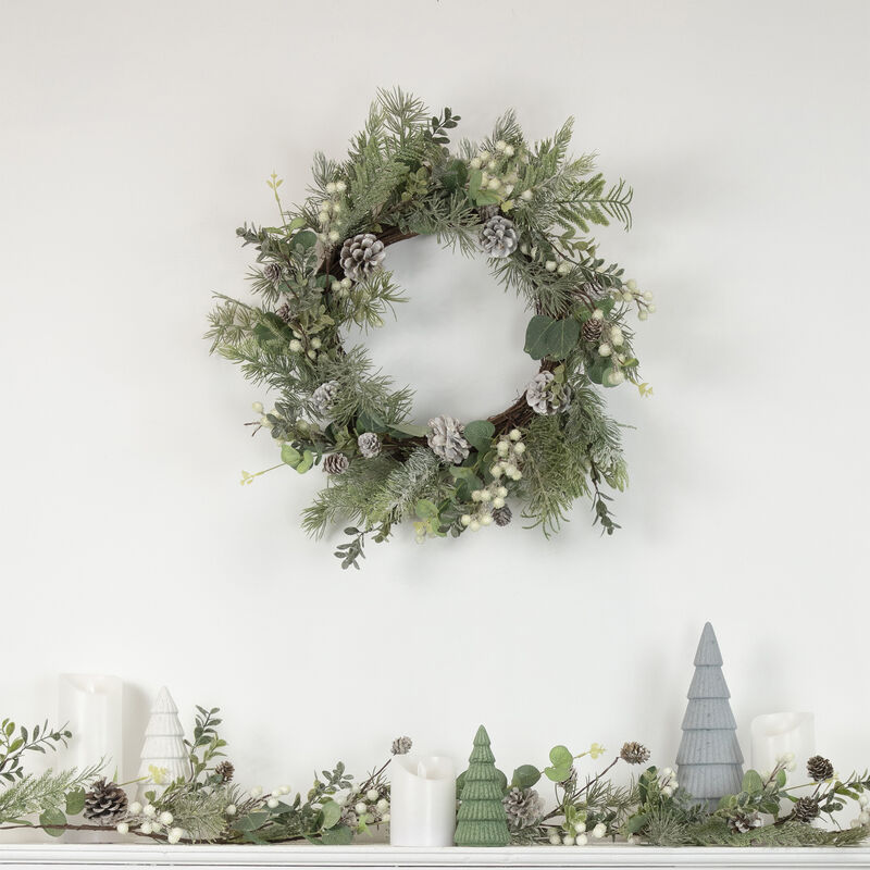 White Berry  Eucalyptus and Pinecone Christmas Wreath  20-Inch  Unlit