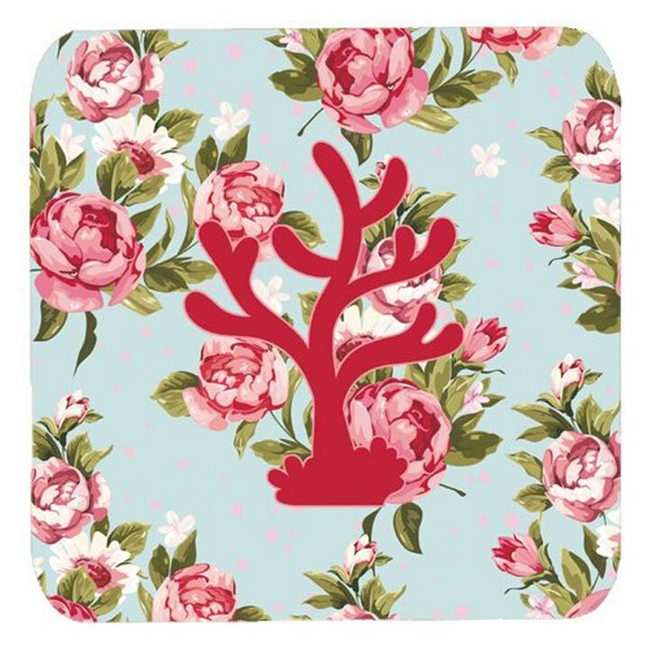 Caroline's Treasures BB1101-RS-BU-FC Coral Shabby Chic Blue Roses Foam Coasters (Set of 4), 3.5 H x 3.5 W, Multicolor