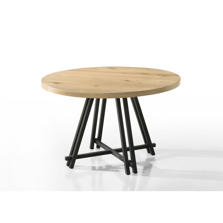 Tete Dining Table Set with 4 Chairs, Solid Wood Round Top, Black Metal Base - Benzara