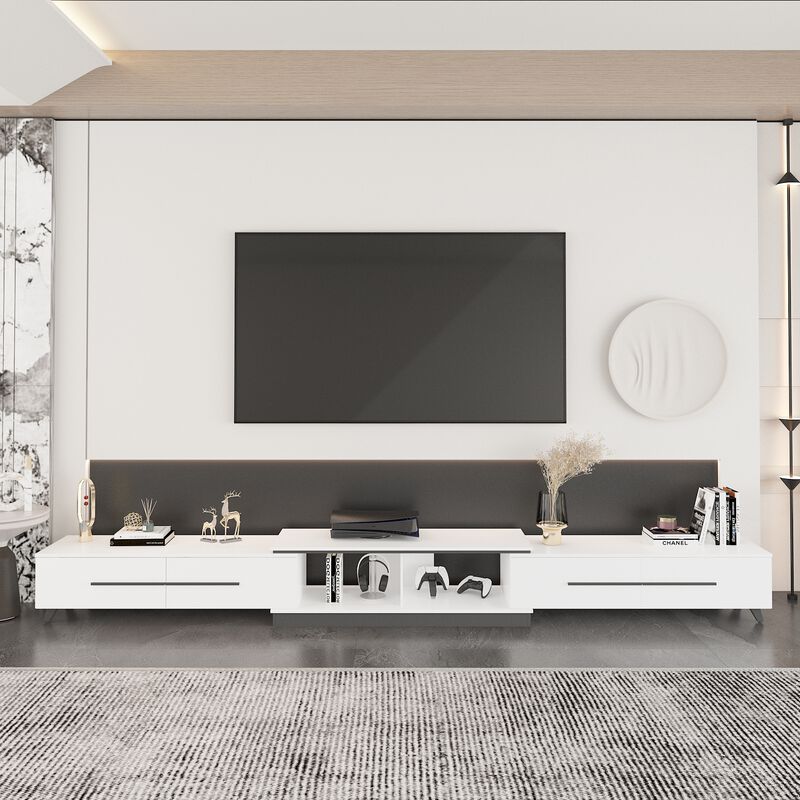 Modern Wood White TV Media Console Entertainment Center with Adjustable Length and Drawers Fits TV's up to 100 in.