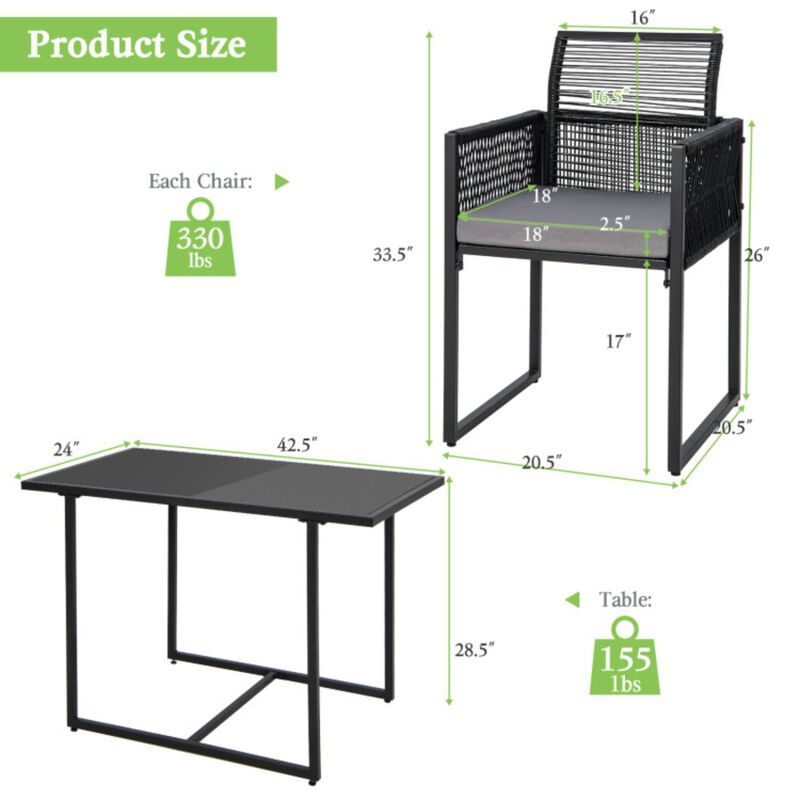 Hivvago 3 Pieces Outdoor Dining Set with Folding Backrest and Seat Cushions-Black