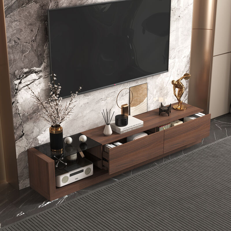 FUFU&GAGA Wood Veneer Glass TV Cabinet, MDF with Gray Tempered Glass, LED Strip Design, Modern Minimalist Style, (89.4 " W x 15.7" D x17.3" H), Walnut