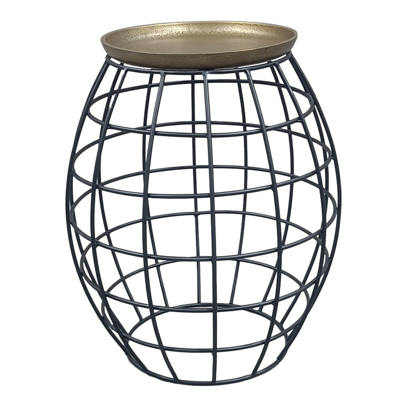 2 Piece Coffee Table and End table Set, Round Antique Brass Tray Top, Curved Cage Design Black Iron Base
