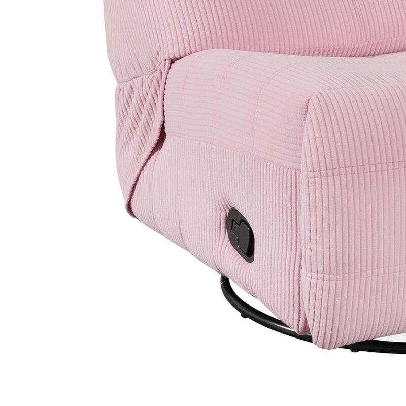 Gea 35 Inch Swivel Recliner Chair, Tufted, Pink Corduroy, Solid Wood - Benzara