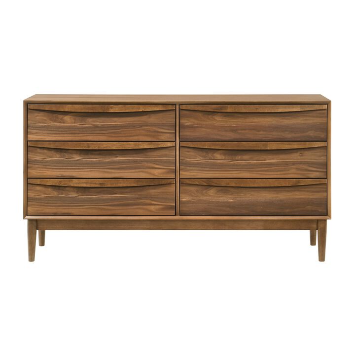 Mian 55 Inch Wide Dresser, 6 Drawer, Linear Undercut Handle, Walnut - Benzara