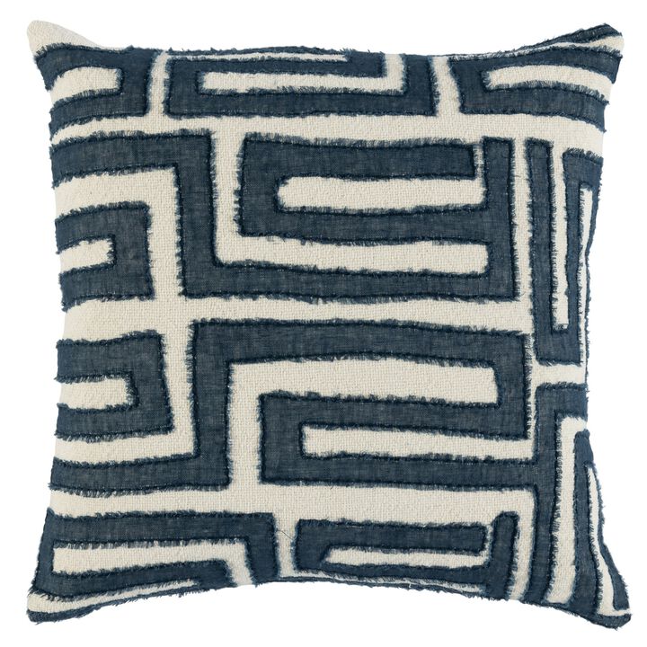 22 Inch Square Accent Throw Pillow, Hand Stitched Applique in Blue, Ivory-Benzara
