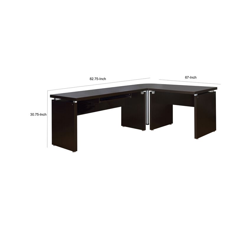 Niti 83 Inch Computer Office Desk, L Shape, Slide Out Keyboard Tray, Brown - Benzara