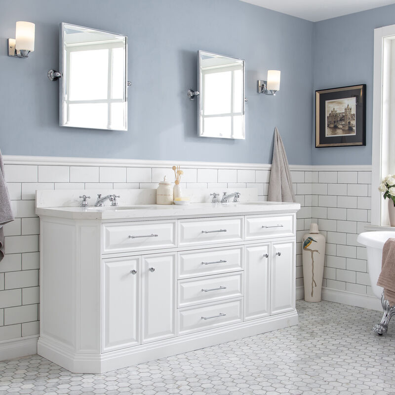 Palace 72 In. Double Sink Carrara Quartz Countertop Bath Vanity in Pure White with Chrome Hardware