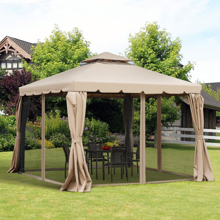 Khaki Backyard Haven: 10'x10' Gazebo with Netting & Double-Vented Roof