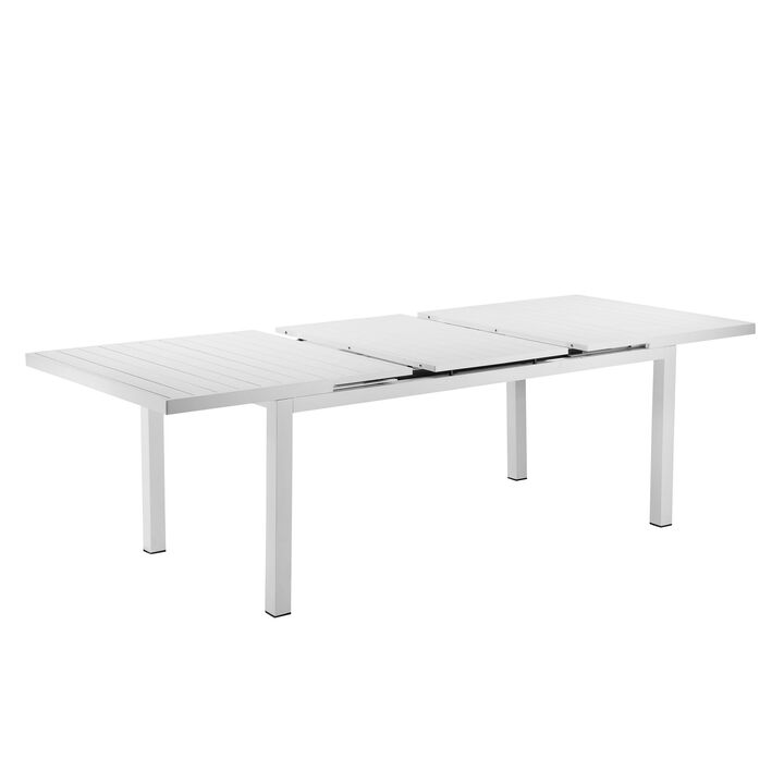 Meta 95 Inch Extendable Dining Table, White Aluminum Frame, Plank Top - Benzara