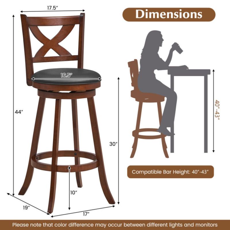 Hivvago 2 Pieces Classic Counter Height Swivel Bar Stool Set with X-shaped Open Back