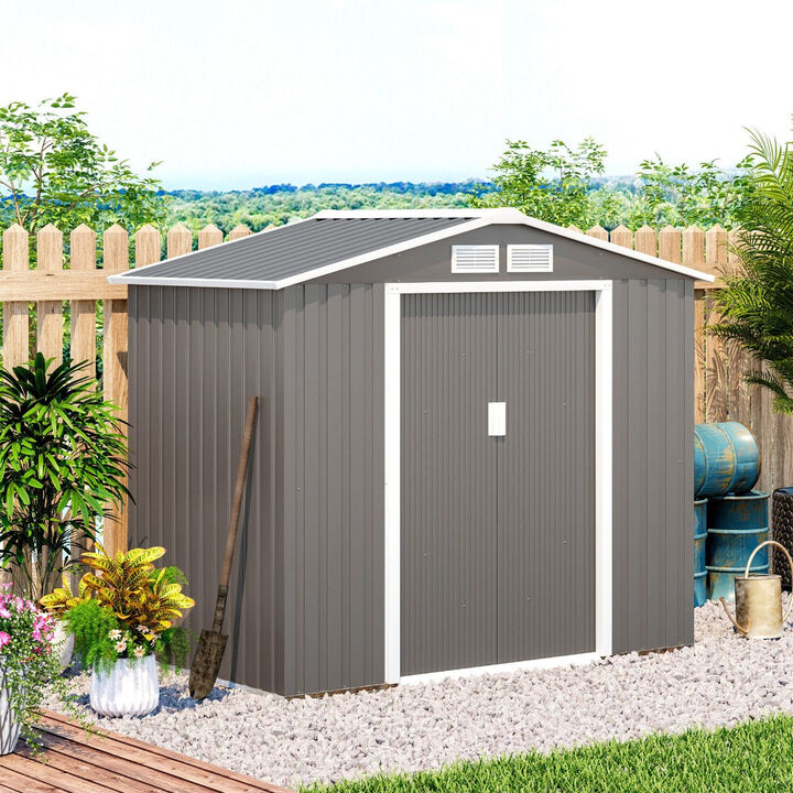 Compact Garden Vault: 7'x4' Grey/White Metal Utility Storage Shed