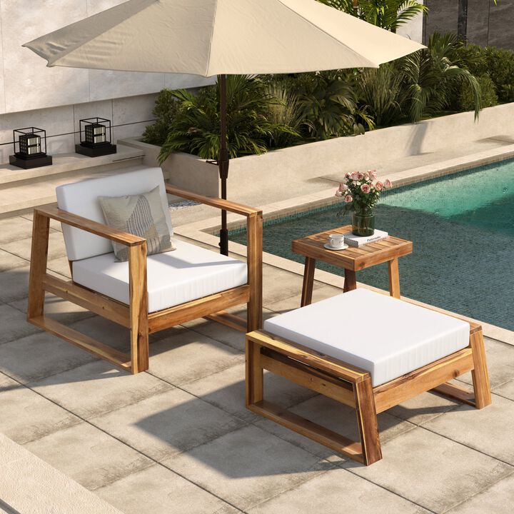 Mondawe Outdoor 3-Piece Acacia Wood Lounge Set,W/ Ottoman Chair & Side Table Patio Garden Furniture