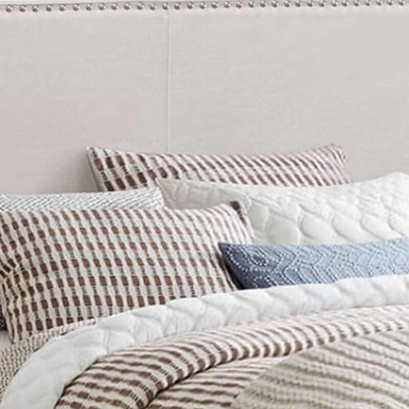 Fabric Upholstered Queen Size Platform Bed with Nail Head Trim, Ivory-Benzara