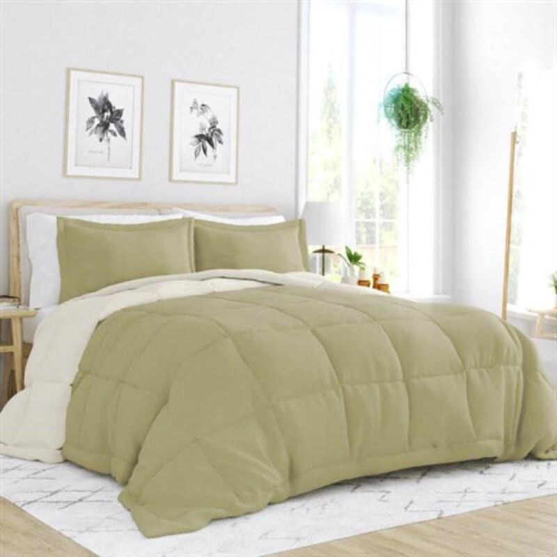 Hivvago King/Cal King 3 Piece Microfiber Reversible Comforter Set in Sage Green/Cream