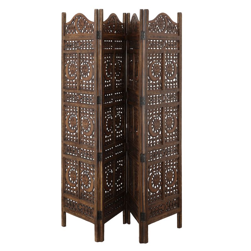 71 Inch 4 Panel Mango Wood Room Divider, Hand Carved, Sun & Moon Design, Brown-Benzara