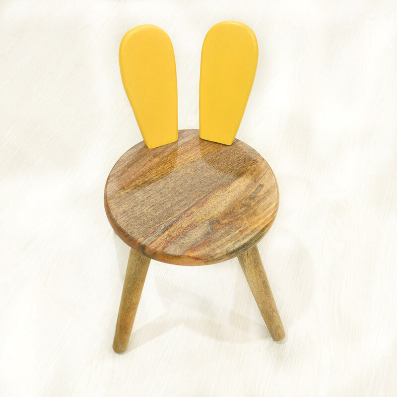 Handmade 100% Mango Wood Kids Yellow Color Round Shaped Rabbit Theme Indoor Table & Chair