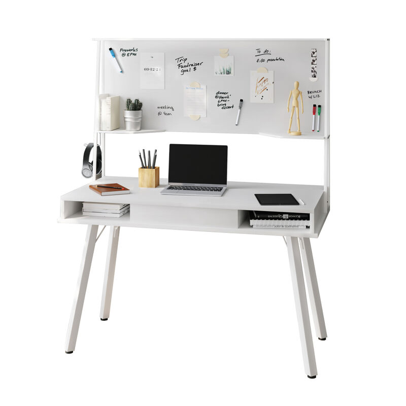Study Computer Desk with Storage & Magnetic Dry Erase White Board, White