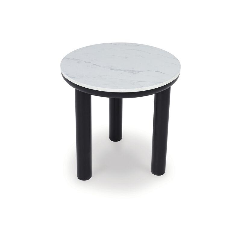 Dae 3pc Coffee and End Table Set, Round White Faux Marble, Black - Benzara
