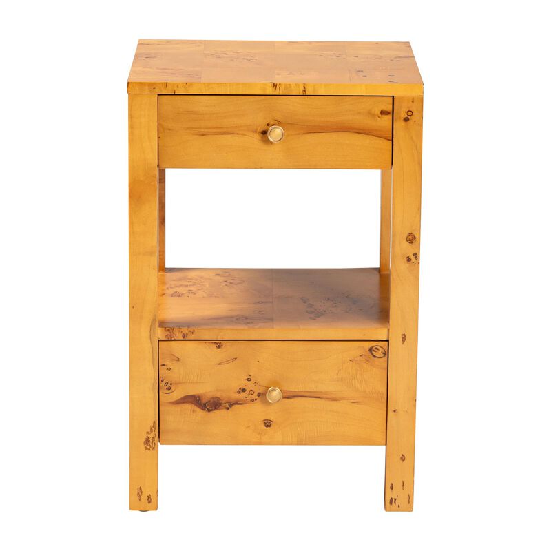 bali & pari Azmi Modern and Contemporary Natural Light Mappa Burl Wood 2 Drawer Nightstand